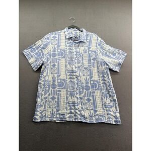HIHO Shirt Mens Large Blue White 100% Linen Hawaiian Aloha Button Front Camp